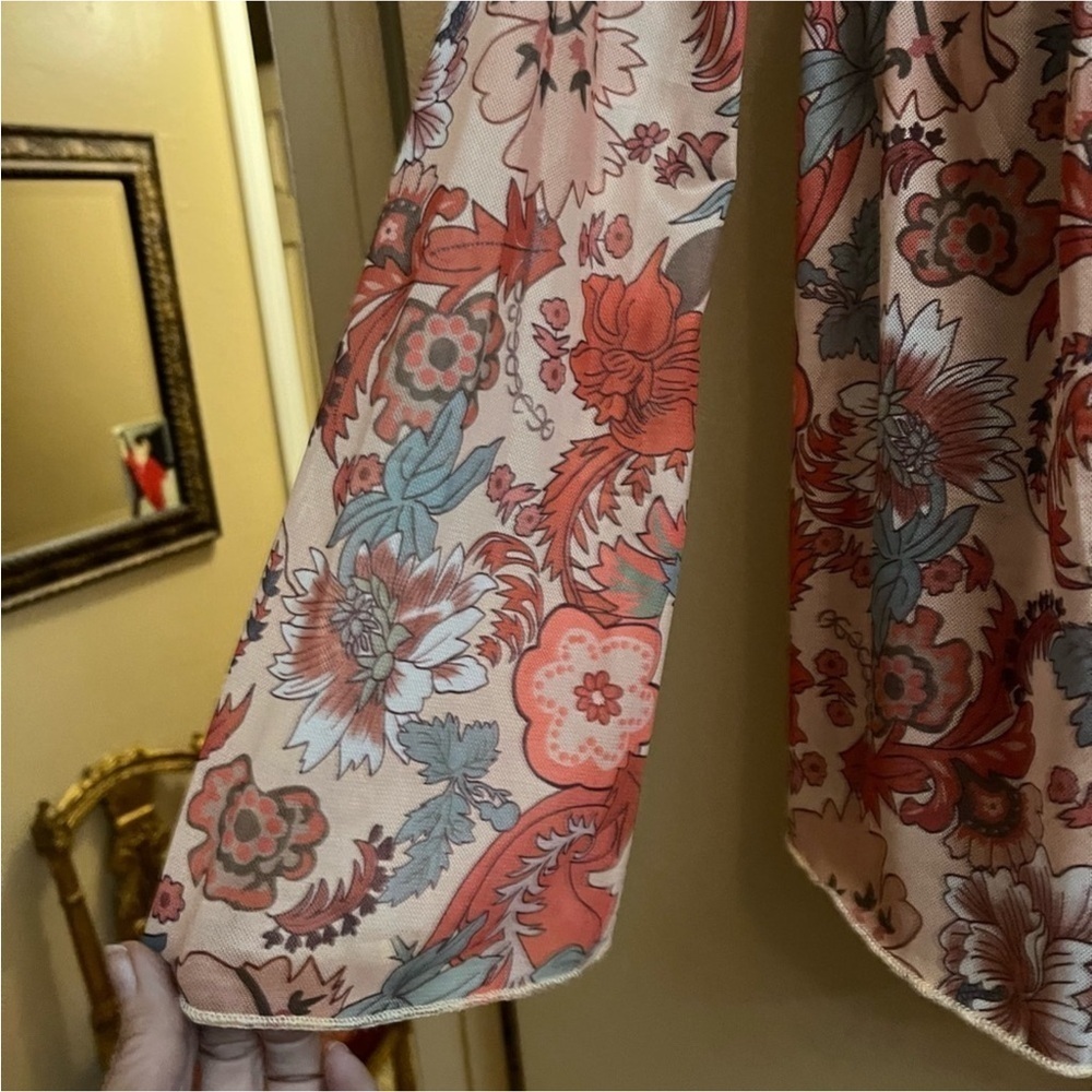 Red and Pink Floral Long Sleeve Blouse with Tie Front - Picture 3 of 5